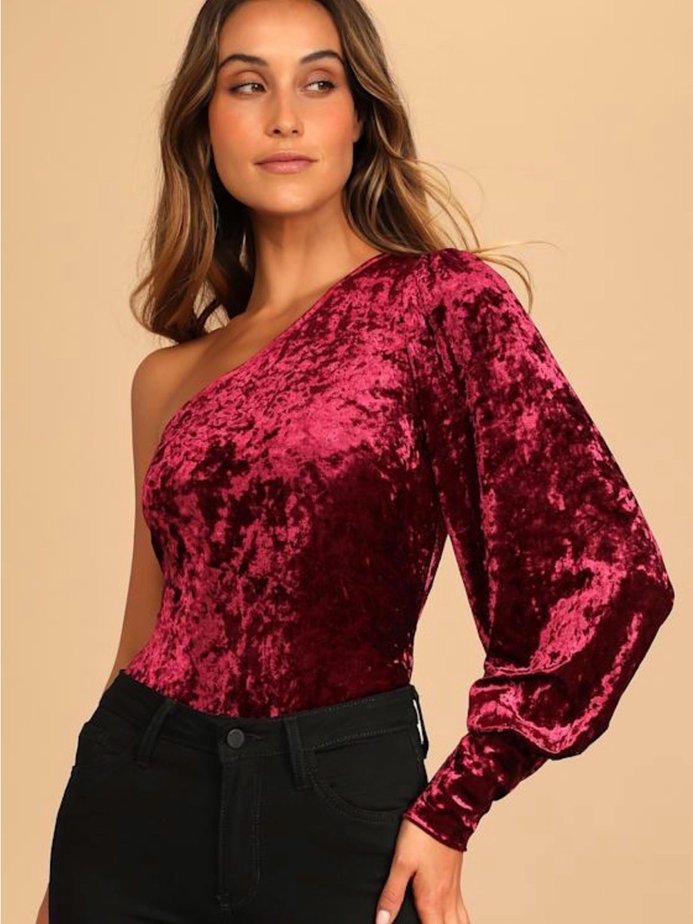 Lulus Velvet One-Shoulder Bodysuit in Deep Wine